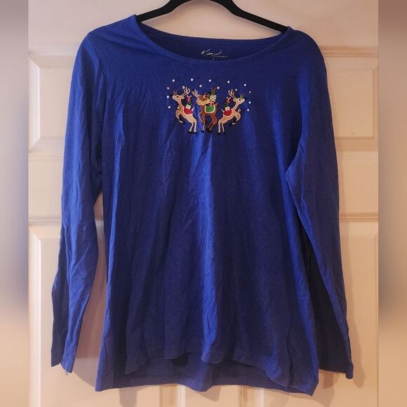 Kim Rogers blue festive Reindeer long sleeve top with jingle bells S - Picture 1 of 4